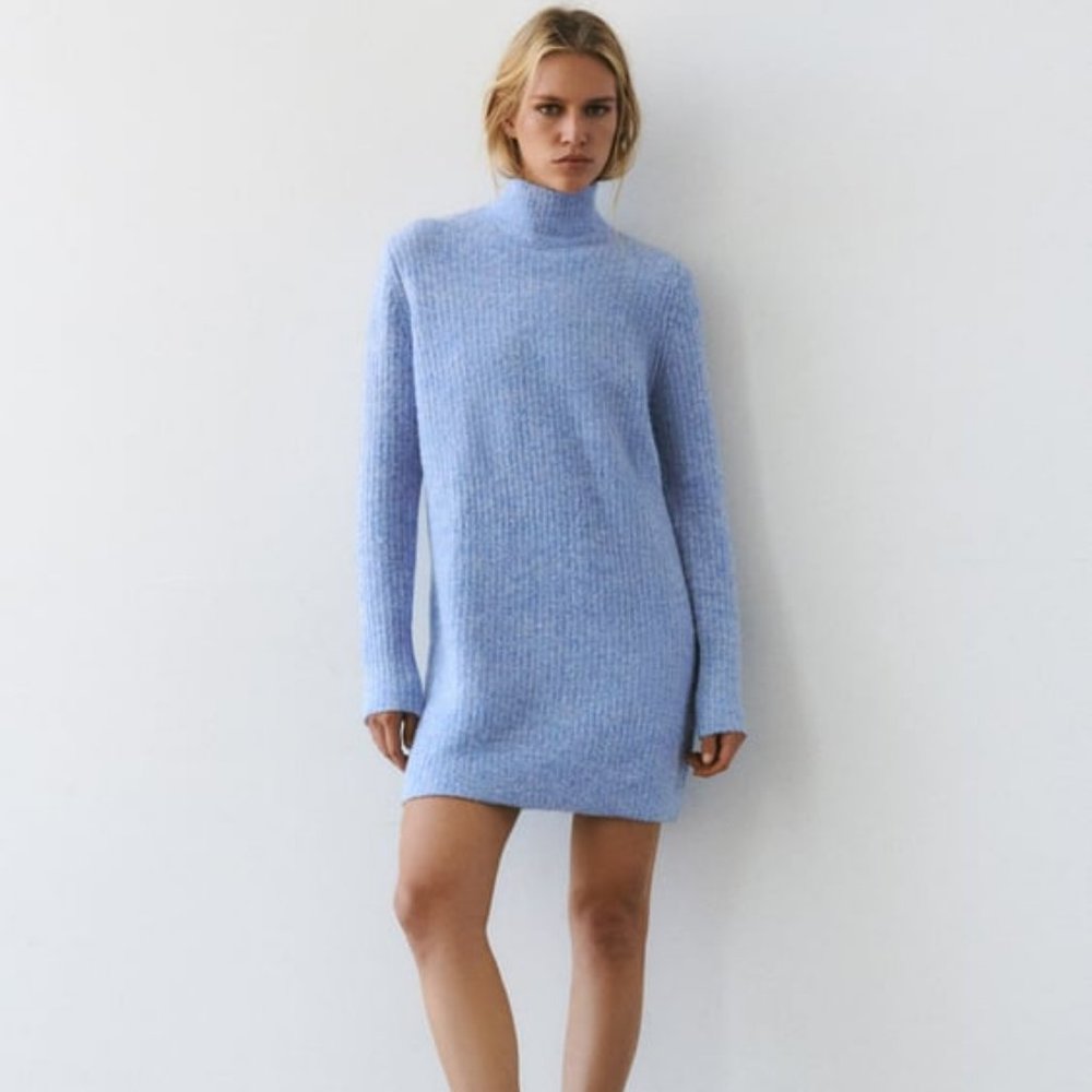 Zara Knit Mock Neck Dress Blue Small